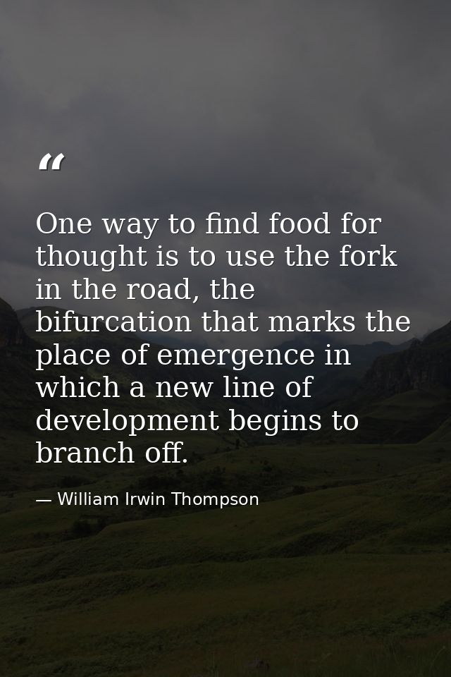 One way to find food for thought is to use the fork in the road, the bifurcation that marks the place of emergence in wh — William Irwin Thompson