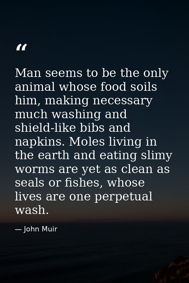 Man seems to be the only animal whose food soils him, making necessary much washing and shield-like bibs and napkins. Mo — John Muir