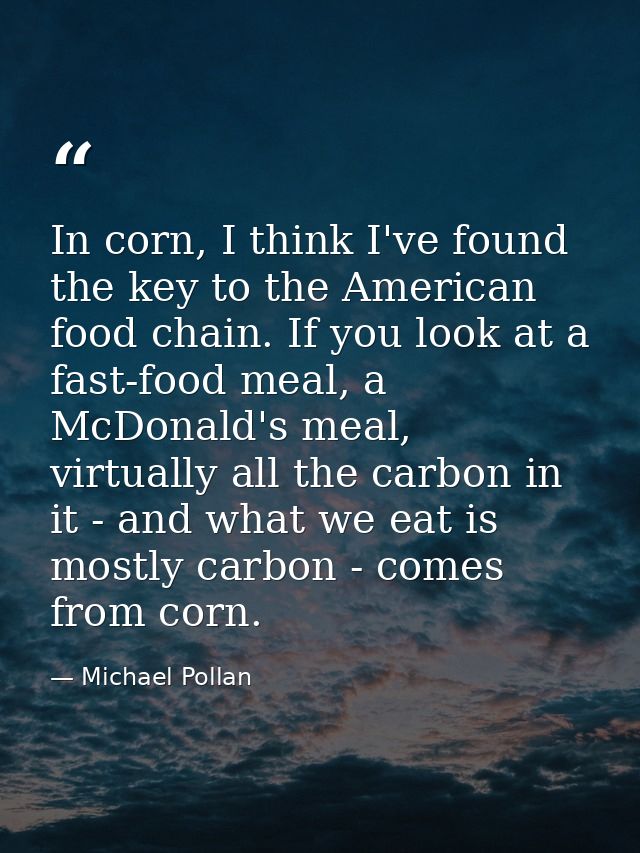 In corn, I think I've found the key to the American food chain. If you look at a fast-food meal, a McDonald's meal, virt — Michael Pollan