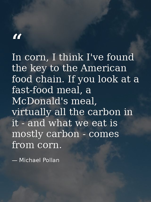 In corn, I think I've found the key to the American food chain. If you look at a fast-food meal, a McDonald's meal, virt — Michael Pollan
