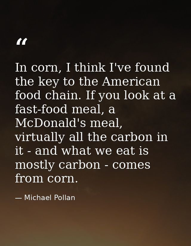 In corn, I think I've found the key to the American food chain. If you look at a fast-food meal, a McDonald's meal, virt — Michael Pollan