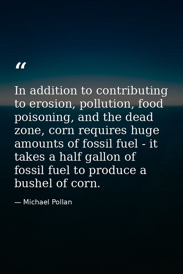 In addition to contributing to erosion, pollution, food poisoning, and the dead zone, corn requires huge amounts of foss — Michael Pollan