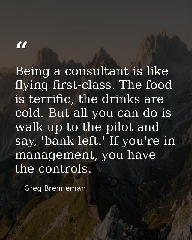 Being a consultant is like flying first-class. The food is terrific, the drinks are cold. But all you can do is walk up  — Greg Brenneman