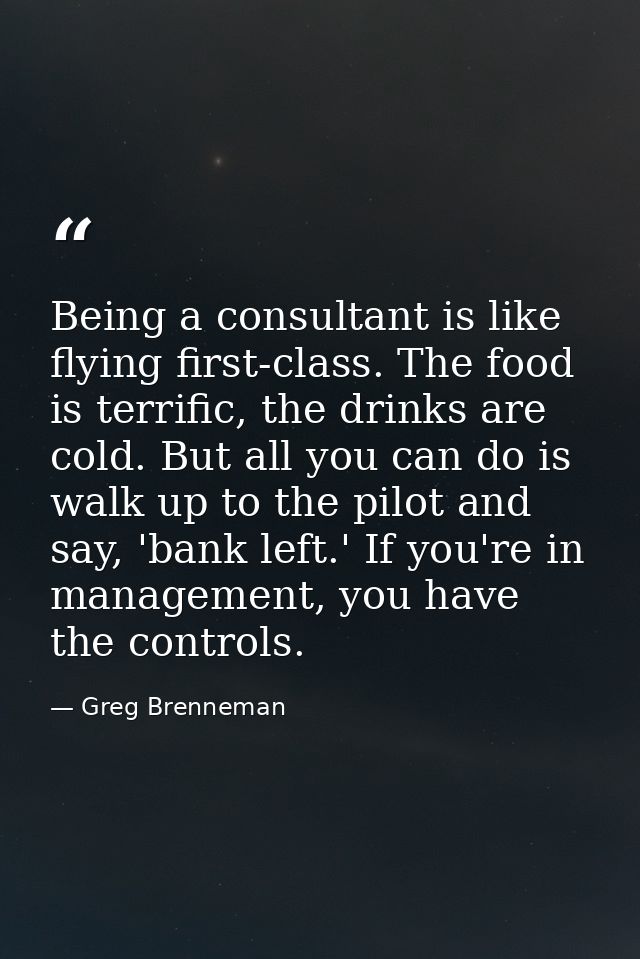 Being a consultant is like flying first-class. The food is terrific, the drinks are cold. But all you can do is walk up  — Greg Brenneman