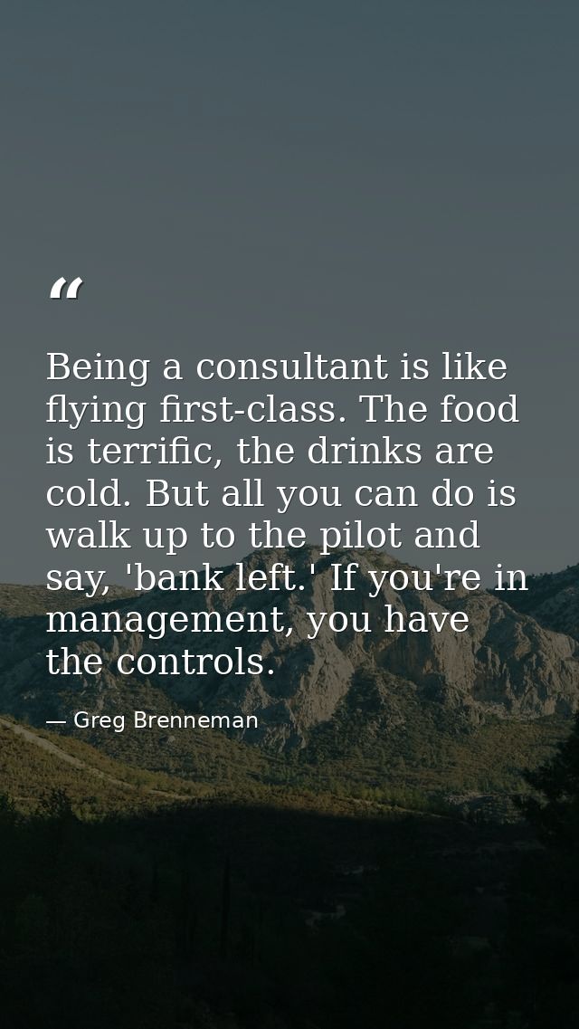 Being a consultant is like flying first-class. The food is terrific, the drinks are cold. But all you can do is walk up  — Greg Brenneman
