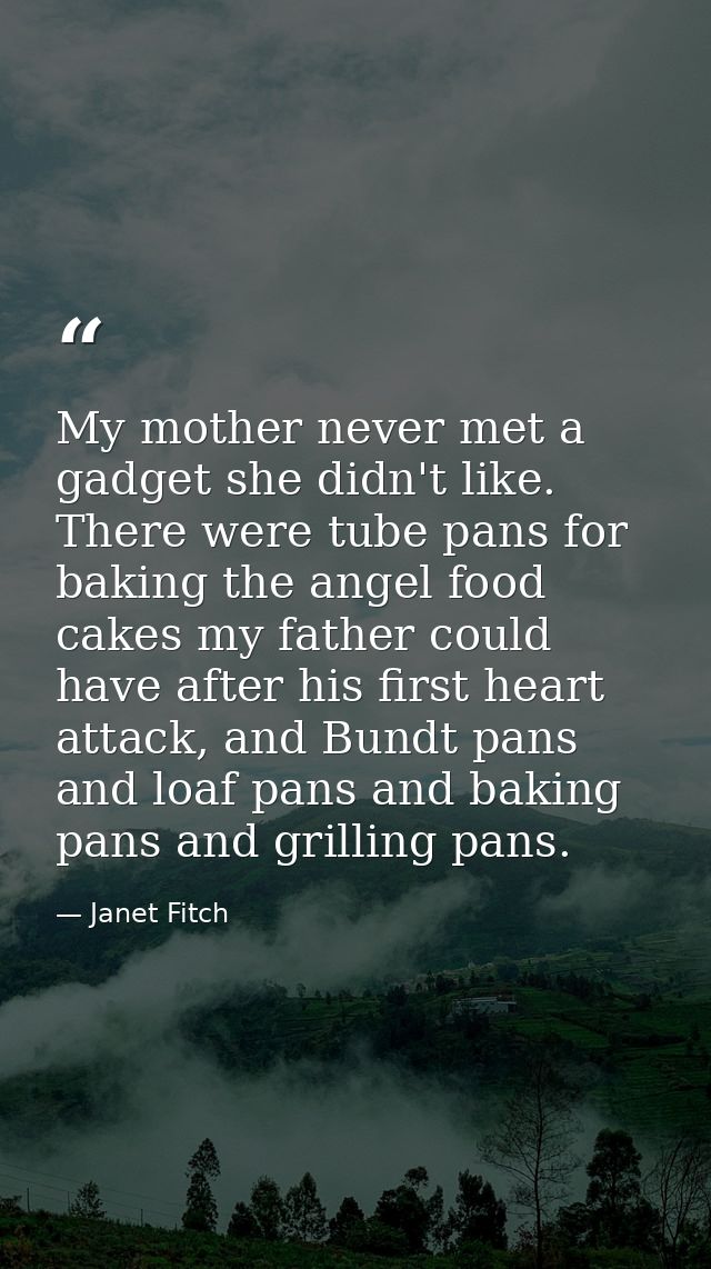 My mother never met a gadget she didn't like. There were tube pans for baking the angel food cakes my father could have  — Janet Fitch