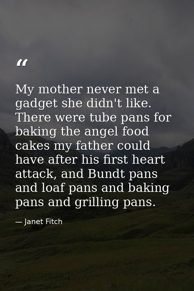 My mother never met a gadget she didn't like. There were tube pans for baking the angel food cakes my father could have  — Janet Fitch