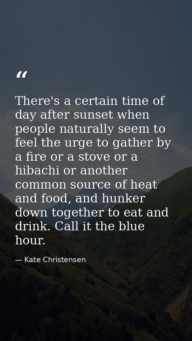 There's a certain time of day after sunset when people naturally seem to feel the urge to gather by a fire or a stove or — Kate Christensen