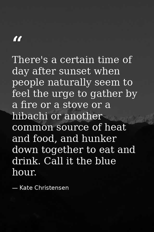There's a certain time of day after sunset when people naturally seem to feel the urge to gather by a fire or a stove or — Kate Christensen