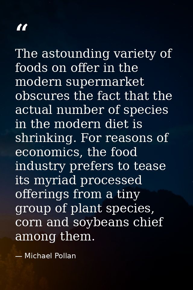 The astounding variety of foods on offer in the modern supermarket obscures the fact that the actual number of species i — Michael Pollan