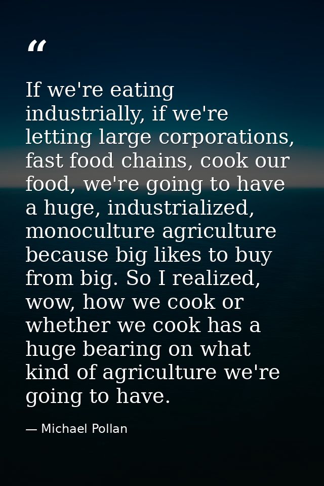 If we're eating industrially, if we're letting large corporations, fast food chains, cook our food, we're going to have  — Michael Pollan