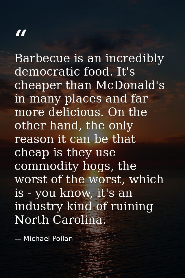 Barbecue is an incredibly democratic food. It's cheaper than McDonald's in many places and far more delicious. On the ot — Michael Pollan