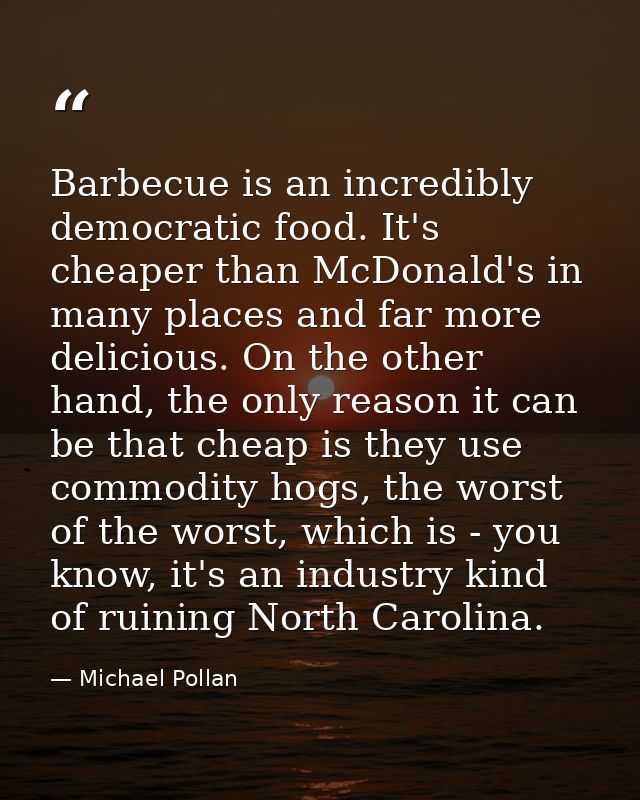 Barbecue is an incredibly democratic food. It's cheaper than McDonald's in many places and far more delicious. On the ot — Michael Pollan