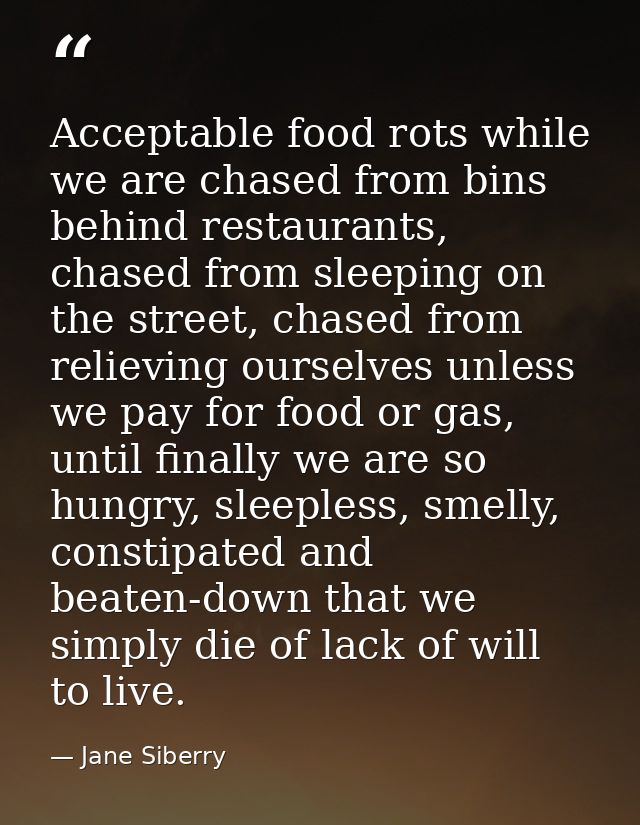 Acceptable food rots while we are chased from bins behind restaurants, chased from sleeping on the street, chased from r — Jane Siberry