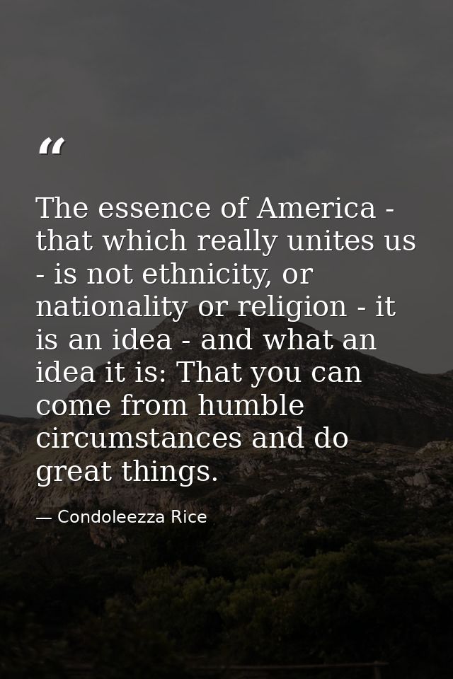 The essence of America - that which really unites us - is not ethnicity, or nationality or religion - it is an idea - an — Condoleezza Rice