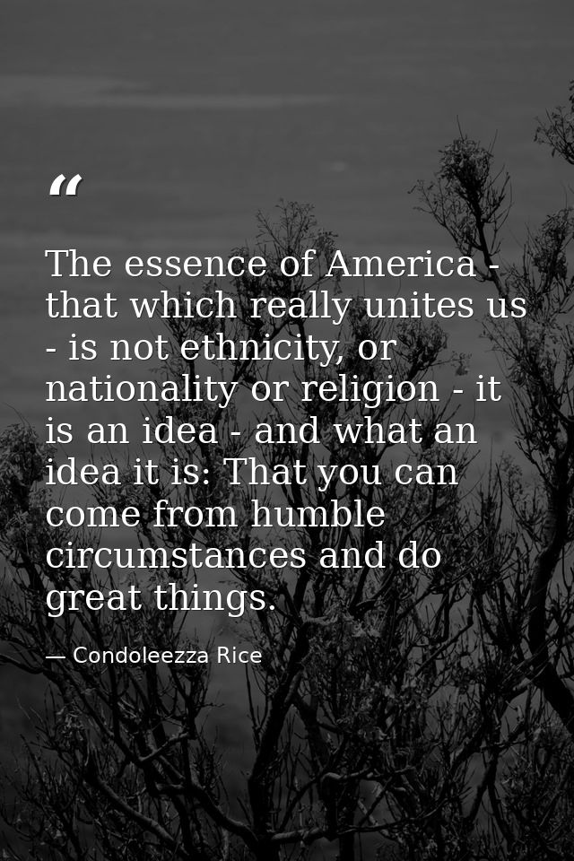 The essence of America - that which really unites us - is not ethnicity, or nationality or religion - it is an idea - an — Condoleezza Rice