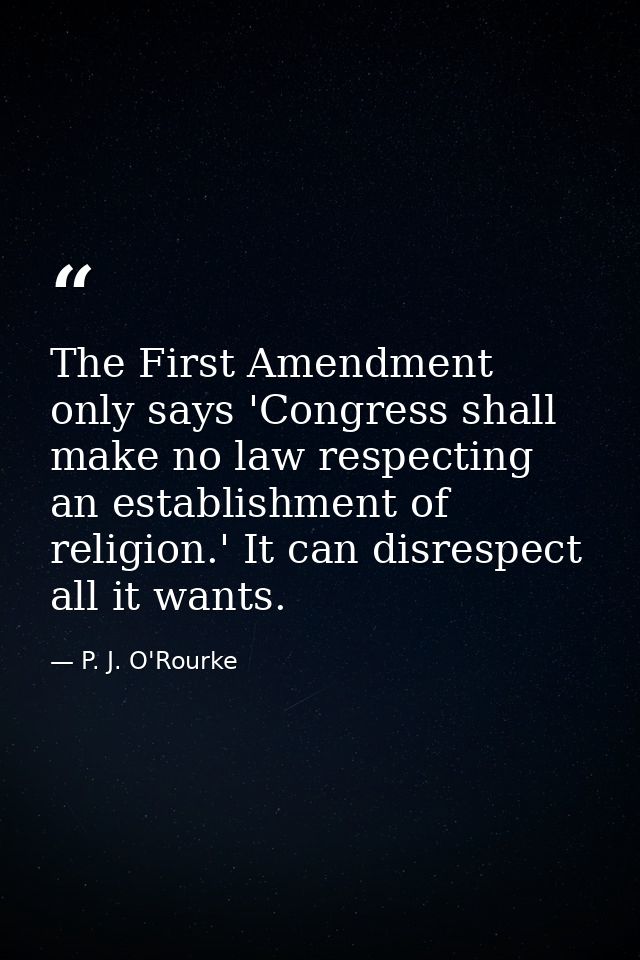 The First Amendment only says 'Congress shall make no law respecting an establishment of religion.' It can disrespect al — P. J. O'Rourke