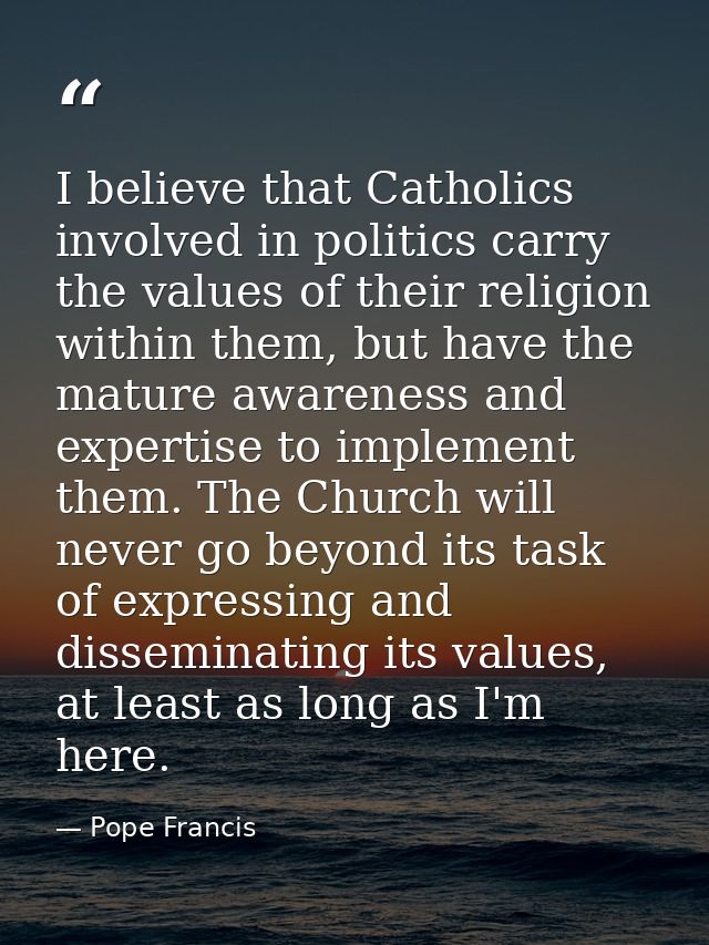 I believe that Catholics involved in politics carry the values of their religion within them, but have the mature awaren — Pope Francis
