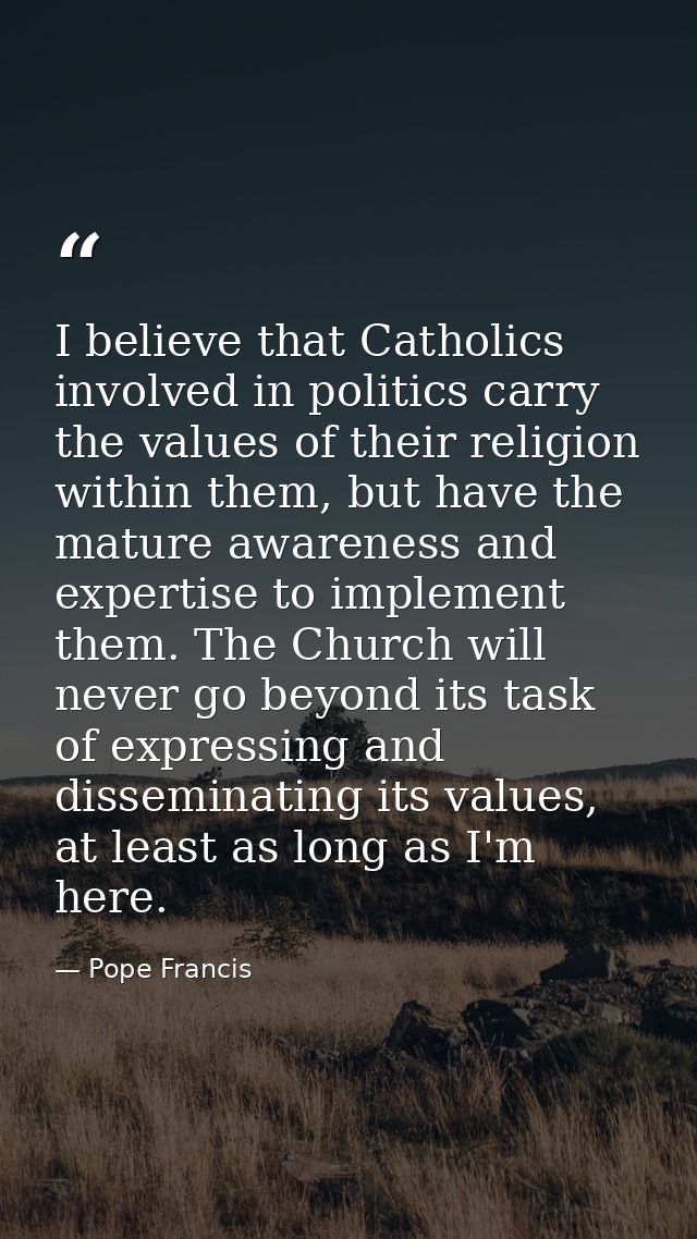I believe that Catholics involved in politics carry the values of their religion within them, but have the mature awaren — Pope Francis
