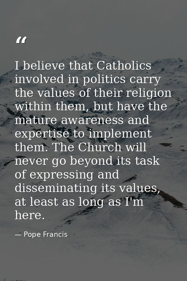 I believe that Catholics involved in politics carry the values of their religion within them, but have the mature awaren — Pope Francis