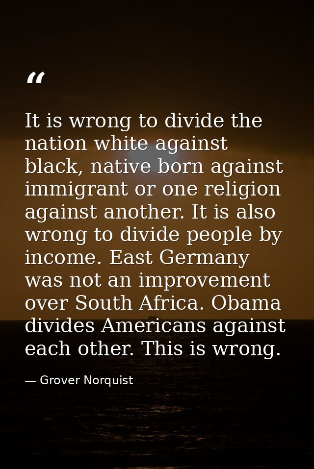 It is wrong to divide the nation white against black, native born against immigrant or one religion against another. It  — Grover Norquist