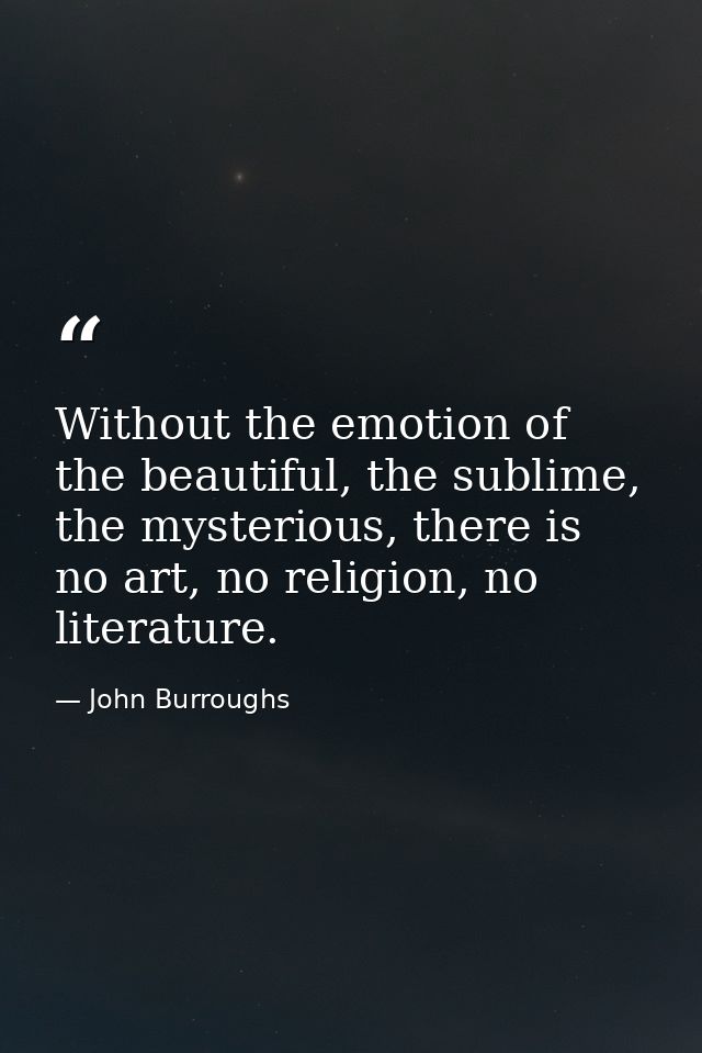 Without the emotion of the beautiful, the sublime, the mysterious, there is no art, no religion, no literature. — John Burroughs