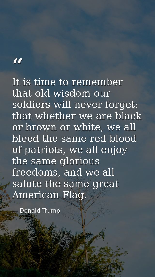 It is time to remember that old wisdom our soldiers will never forget: that whether we are black or brown or white, we a — Donald Trump