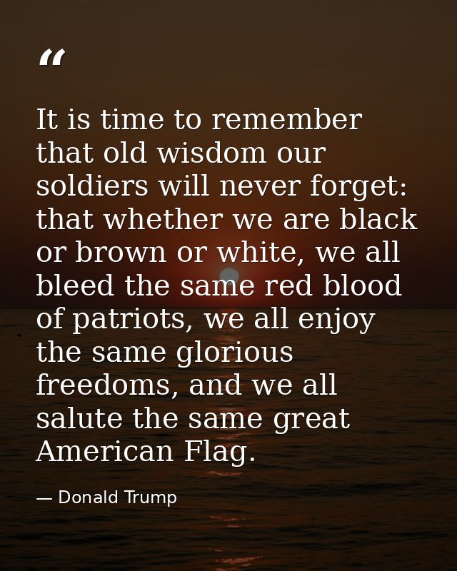 It is time to remember that old wisdom our soldiers will never forget: that whether we are black or brown or white, we a — Donald Trump