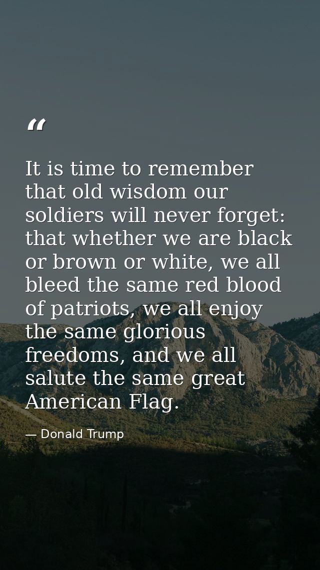 It is time to remember that old wisdom our soldiers will never forget: that whether we are black or brown or white, we a — Donald Trump