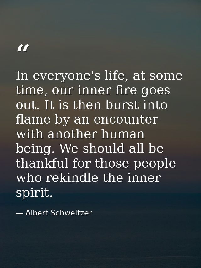 In everyone's life, at some time, our inner fire goes out. It is then burst into flame by an encounter with another huma — Albert Schweitzer