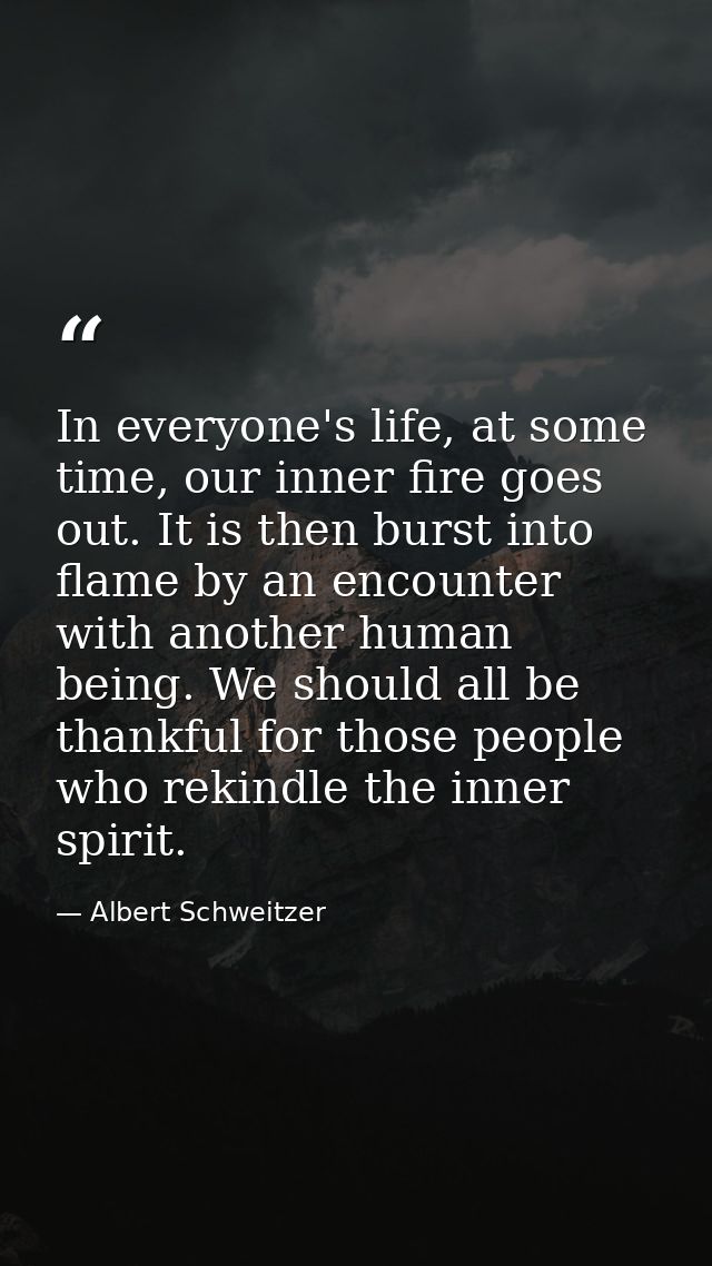 In everyone's life, at some time, our inner fire goes out. It is then burst into flame by an encounter with another huma — Albert Schweitzer