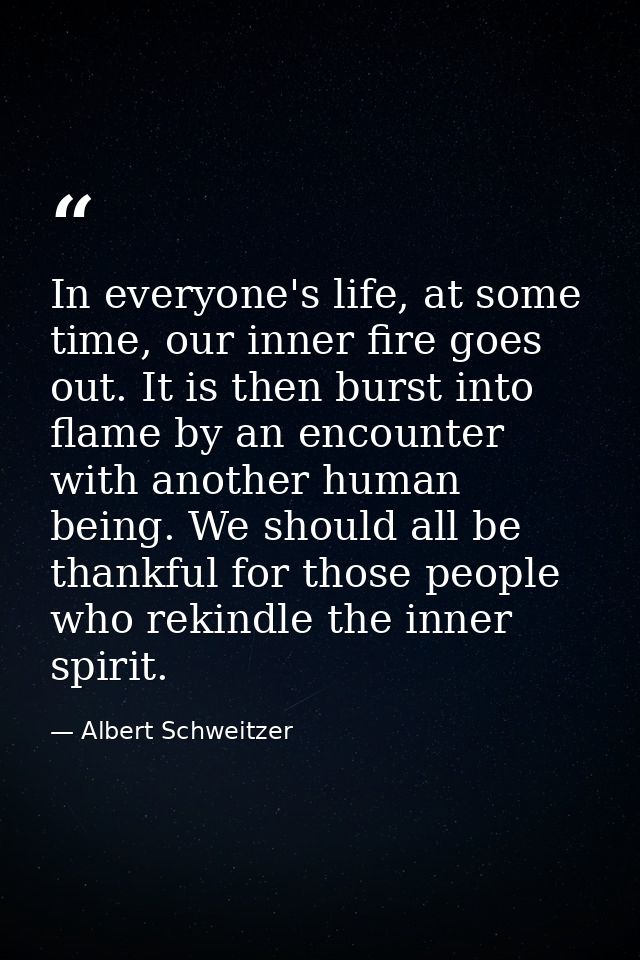 In everyone's life, at some time, our inner fire goes out. It is then burst into flame by an encounter with another huma — Albert Schweitzer