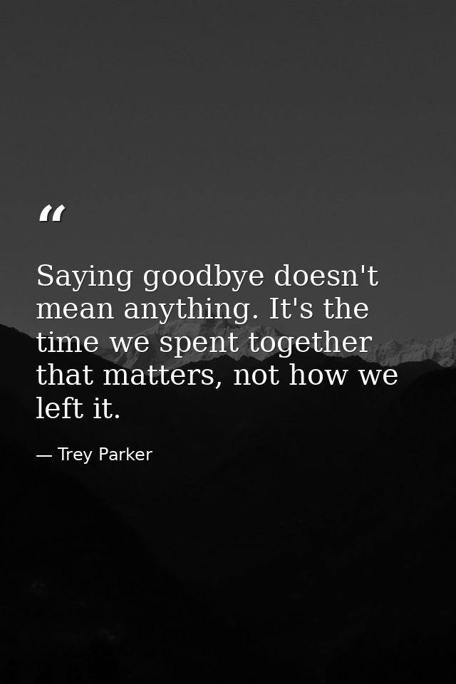 Saying goodbye doesn't mean anything. It's the time we spent together that matters, not how we left it. — Trey Parker