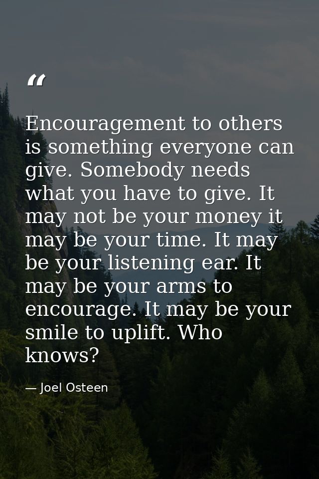 Encouragement to others is something everyone can give. Somebody needs what you have to give. It may not be your money i — Joel Osteen