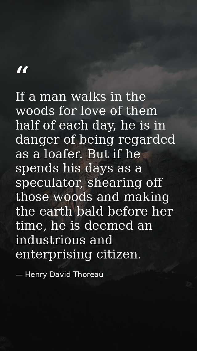 If a man walks in the woods for love of them half of each day, he is in danger of being regarded as a loafer. But if he  — Henry David Thoreau