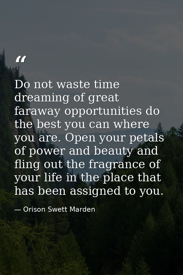 Do not waste time dreaming of great faraway opportunities do the best you can where you are. Open your petals of power a — Orison Swett Marden