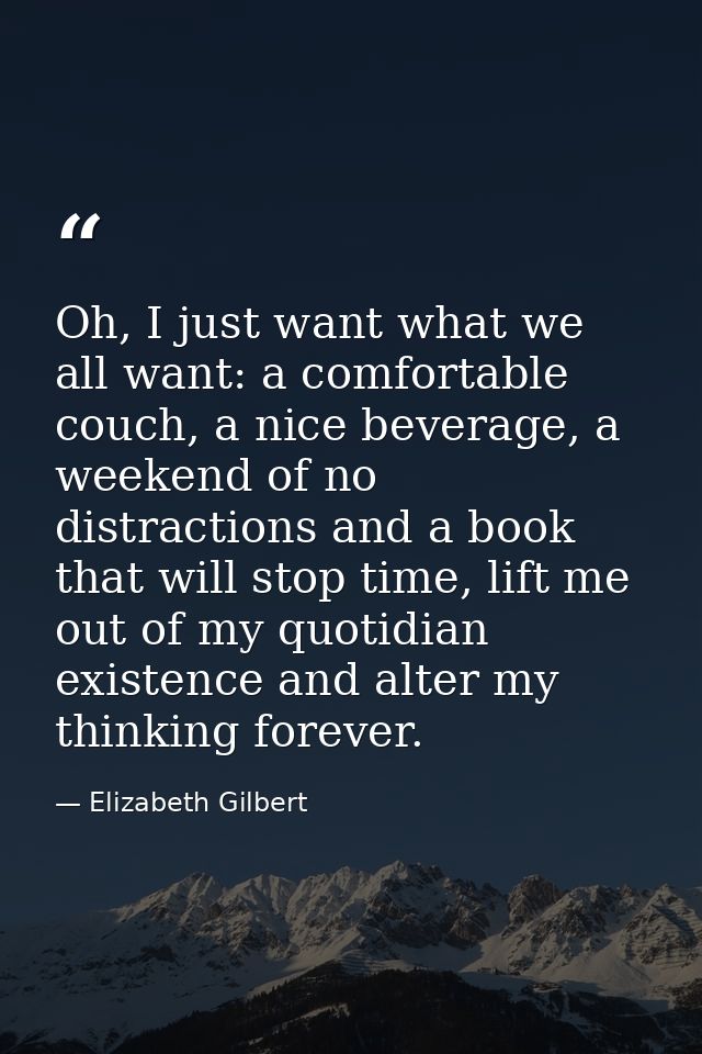 Oh, I just want what we all want: a comfortable couch, a nice beverage, a weekend of no distractions and a book that wil — Elizabeth Gilbert