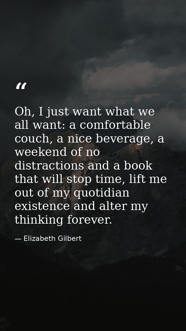 Oh, I just want what we all want: a comfortable couch, a nice beverage, a weekend of no distractions and a book that wil — Elizabeth Gilbert