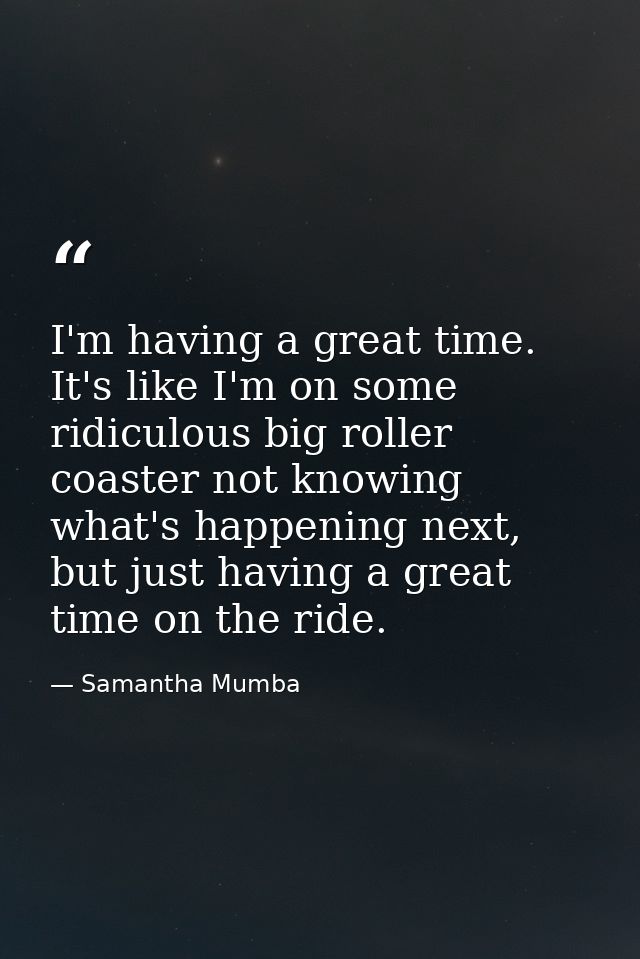 I'm having a great time. It's like I'm on some ridiculous big roller coaster not knowing what's happening next, but just — Samantha Mumba