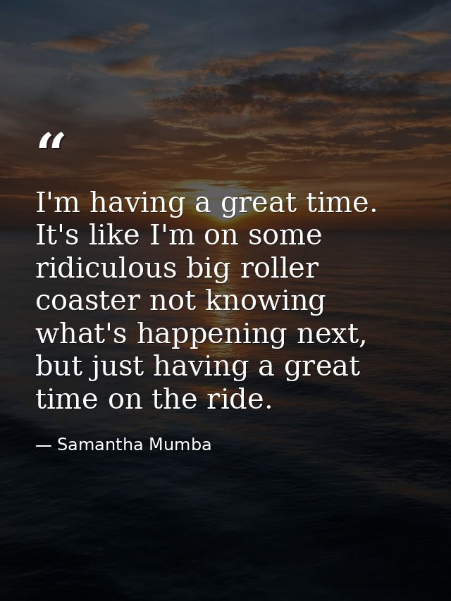 I'm having a great time. It's like I'm on some ridiculous big roller coaster not knowing what's happening next, but just — Samantha Mumba