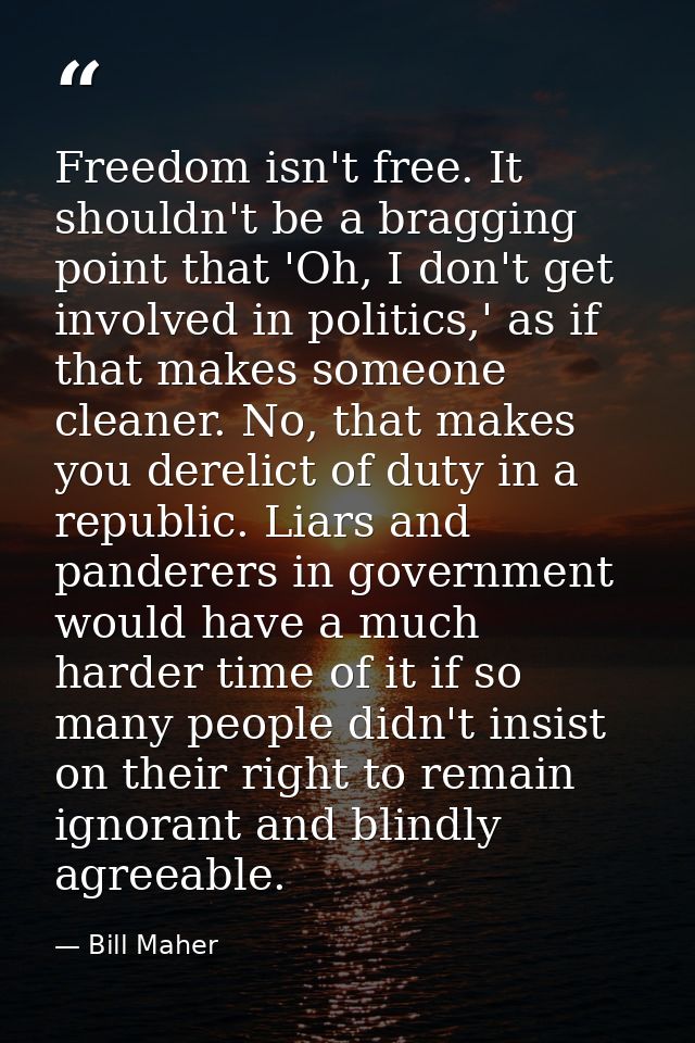 Freedom isn't free. It shouldn't be a bragging point that 'Oh, I don't get involved in politics,' as if that makes someo — Bill Maher