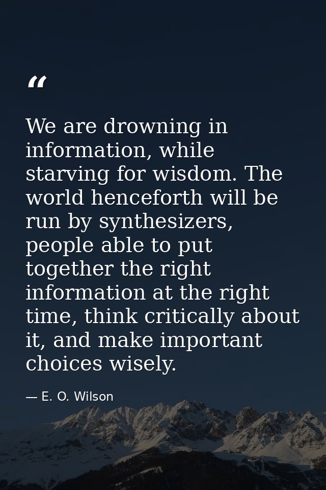 We are drowning in information, while starving for wisdom. The world henceforth will be run by synthesizers, people able — E. O. Wilson