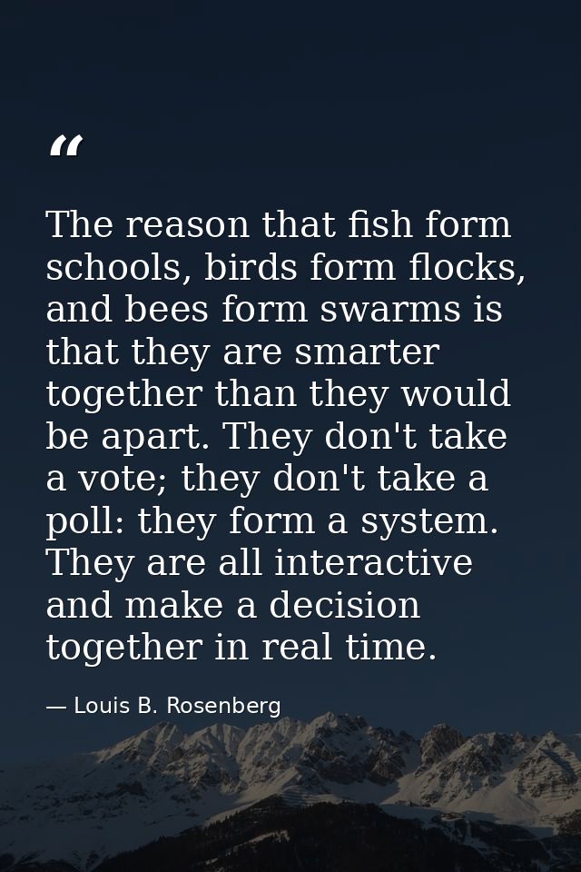 The reason that fish form schools, birds form flocks, and bees form swarms is that they are smarter together than they w — Louis B. Rosenberg