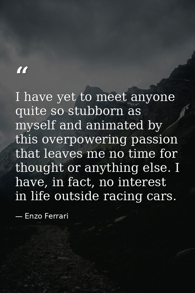 I have yet to meet anyone quite so stubborn as myself and animated by this overpowering passion that leaves me no time f — Enzo Ferrari