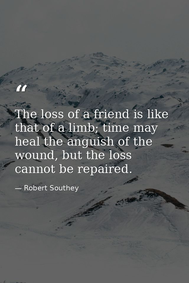 The loss of a friend is like that of a limb; time may heal the anguish of the wound, but the loss cannot be repaired. — Robert Southey