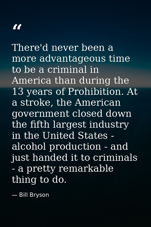 There'd never been a more advantageous time to be a criminal in America than during the 13 years of Prohibition. At a st — Bill Bryson