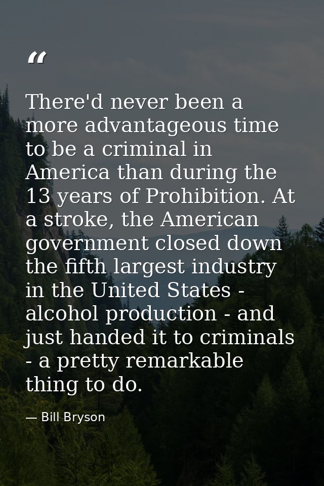 There'd never been a more advantageous time to be a criminal in America than during the 13 years of Prohibition. At a st — Bill Bryson