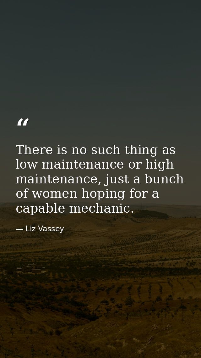 There is no such thing as low maintenance or high maintenance, just a bunch of women hoping for a capable mechanic. — Liz Vassey