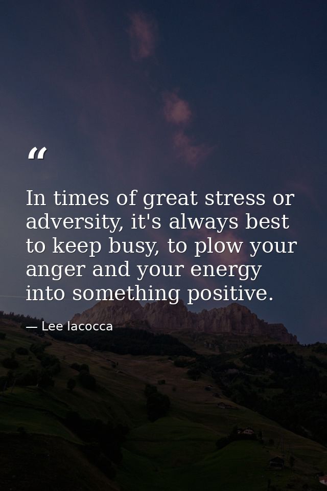 In times of great stress or adversity, it's always best to keep busy, to plow your anger and your energy into something  — Lee Iacocca