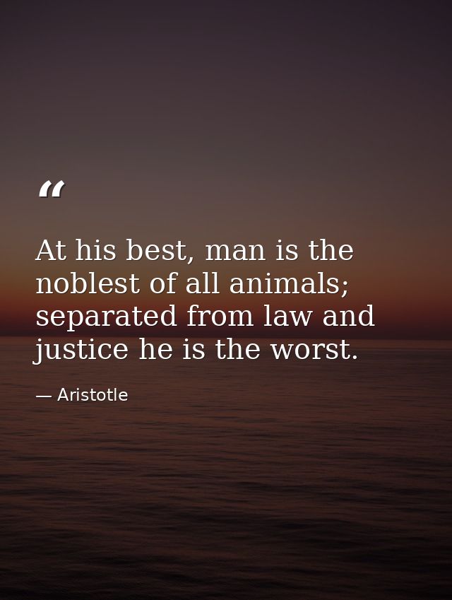 At his best, man is the noblest of all animals; separated from law and justice he is the worst. — Aristotle